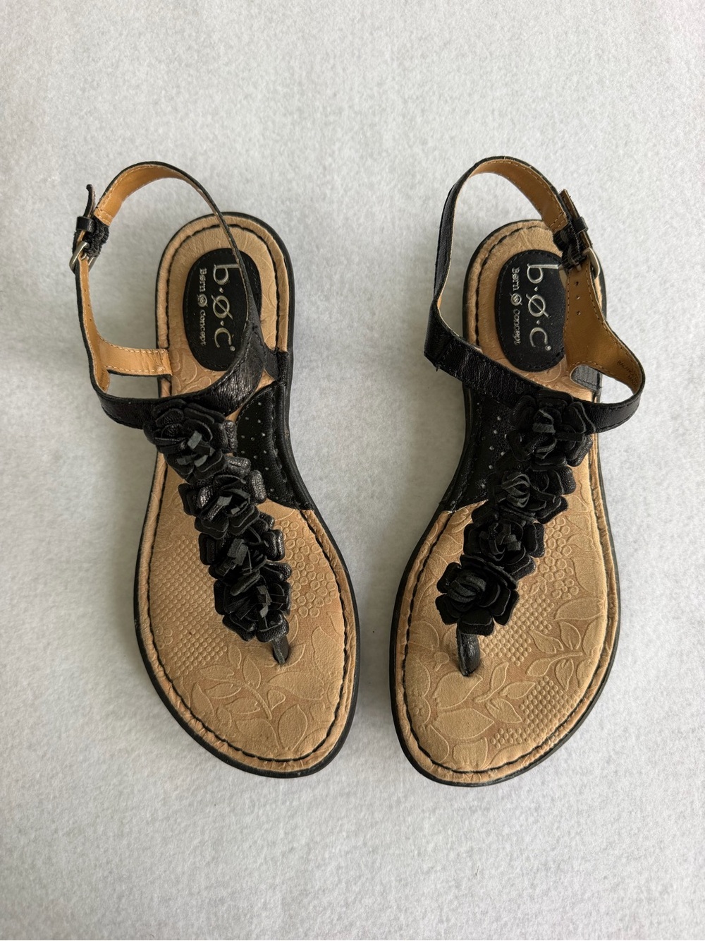 b.o.c. Black Floral T-Strap Sandals with Tan Footbed